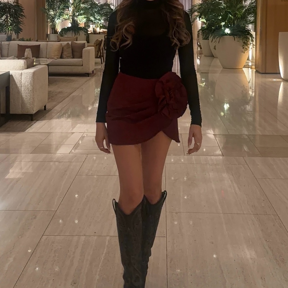 Elegant Burgundy Skirt with Floral Appliqué Detail